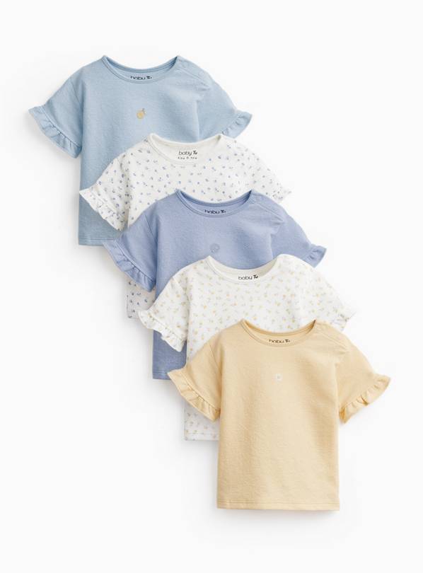 Blue & Floral Print Frill Sleeve T-Shirts 5 Pack 9-12 months